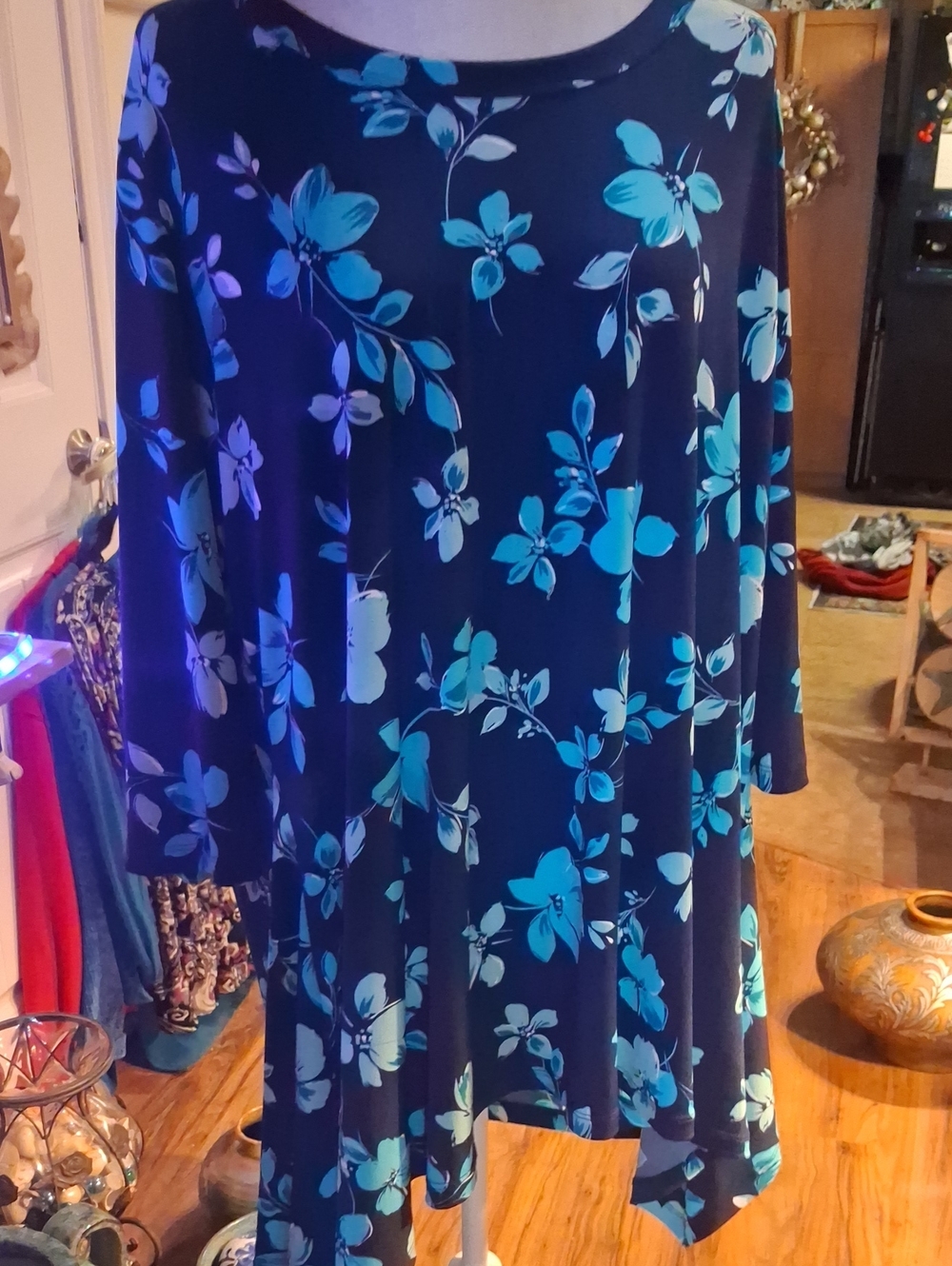 A New Women Within Asymmetrical Floral Swing Dress Or A Tunic in Teal Blue